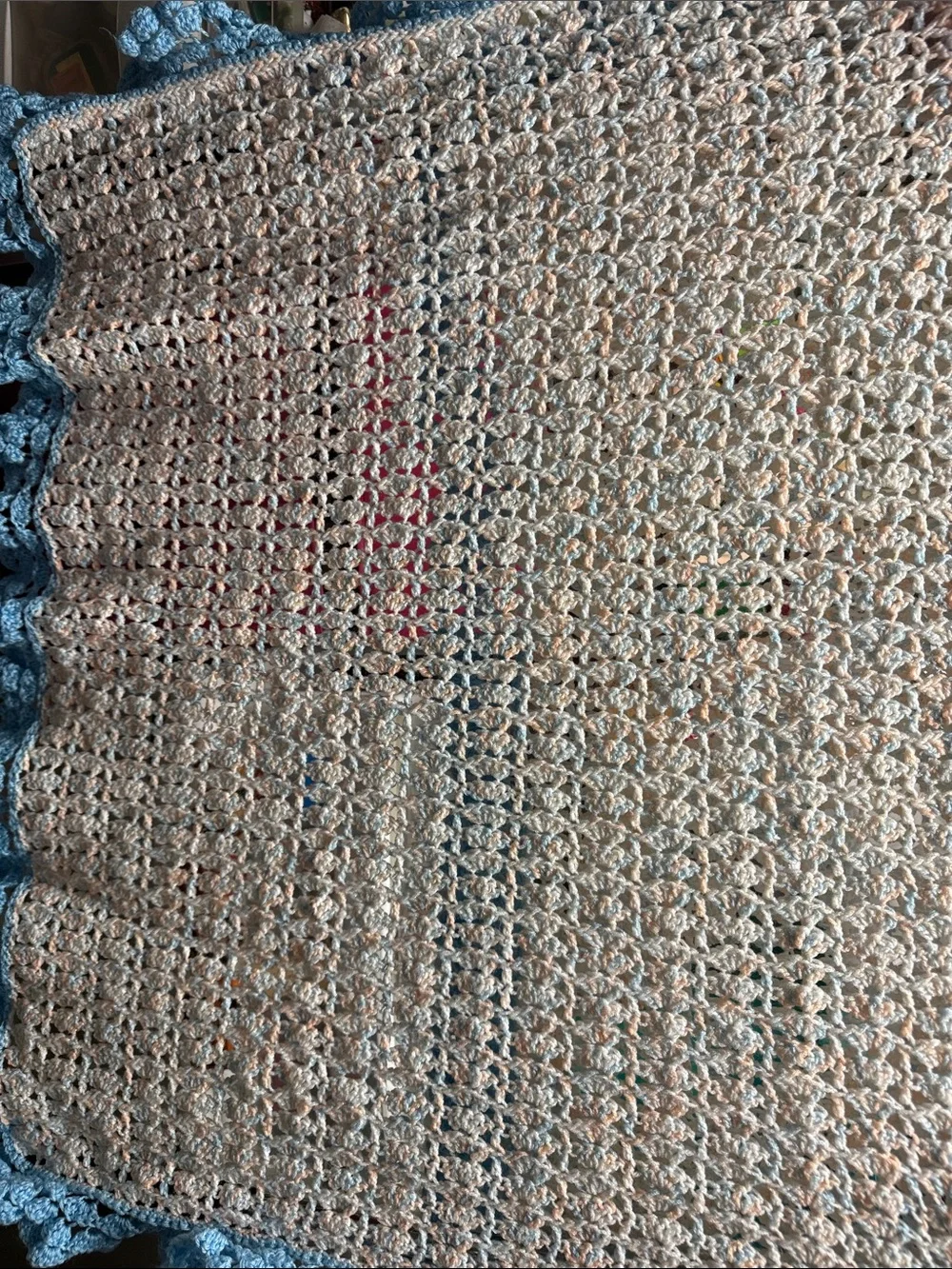 Hand-Crocheted Cream Throw Blanket with Light Blue Trim
